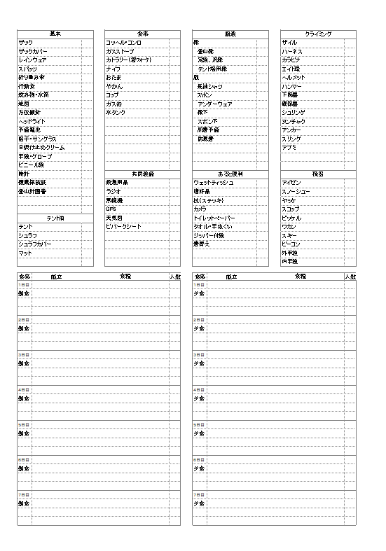 登山計画書エクセル２シート目